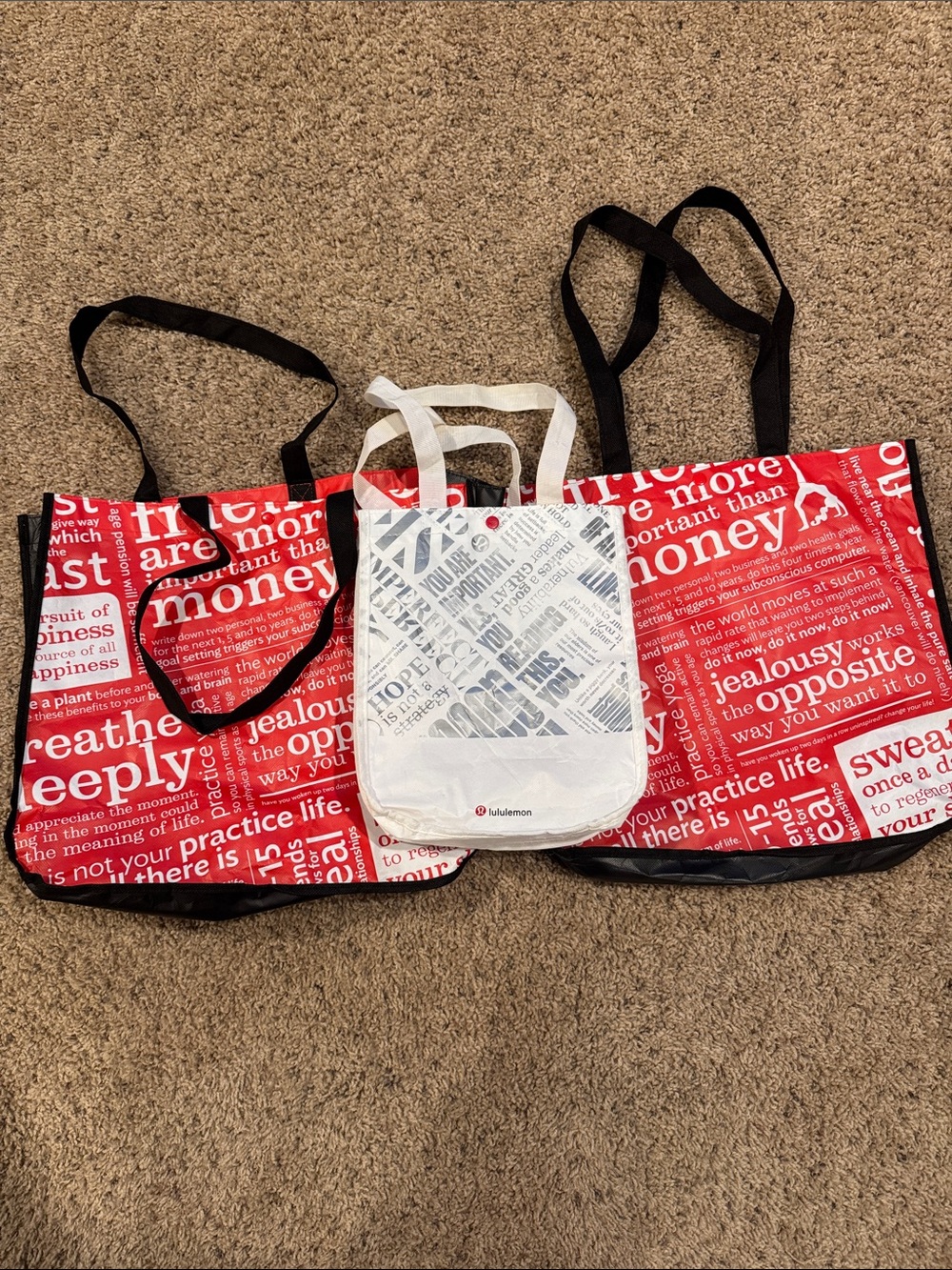 (3) lululemon athletica reusable Red and White Canvas Tote Bags